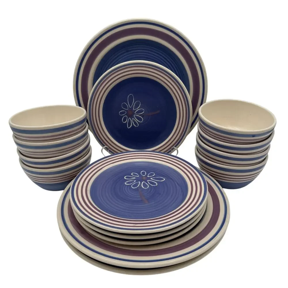 Vintage Pfaltzgraff Baja Salad Plates Set/4 Blue with Flower Center